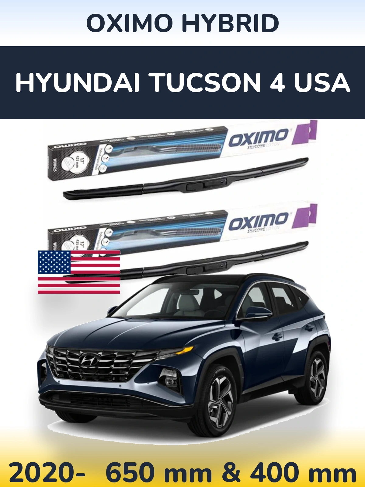 Комплект передних дворников Oximo Hybrid 650 & 400 мм для Hyundai Tucson 4 USA 2020-2026