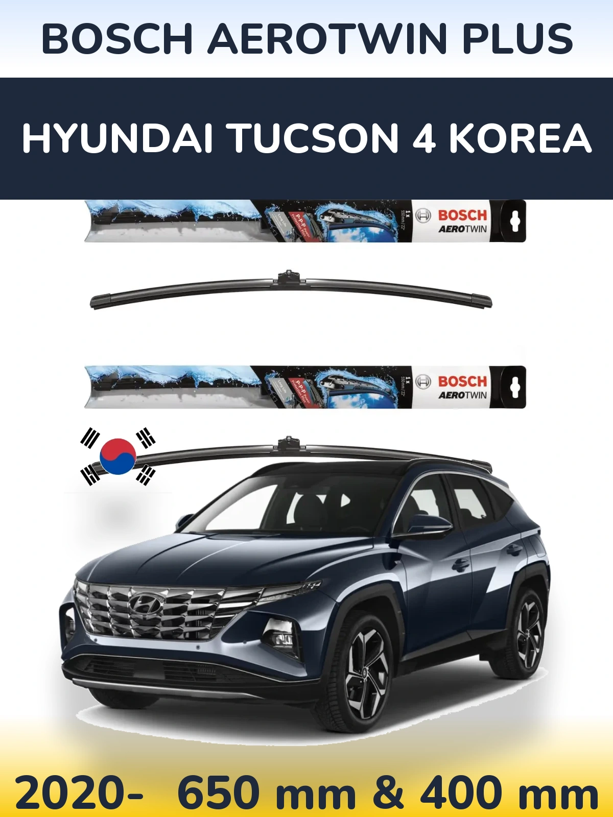Front wiper blade set BOSCH AeroTwin Plus 650 & 400 mm for Hyundai Tucson 4 Korea 2020-2026