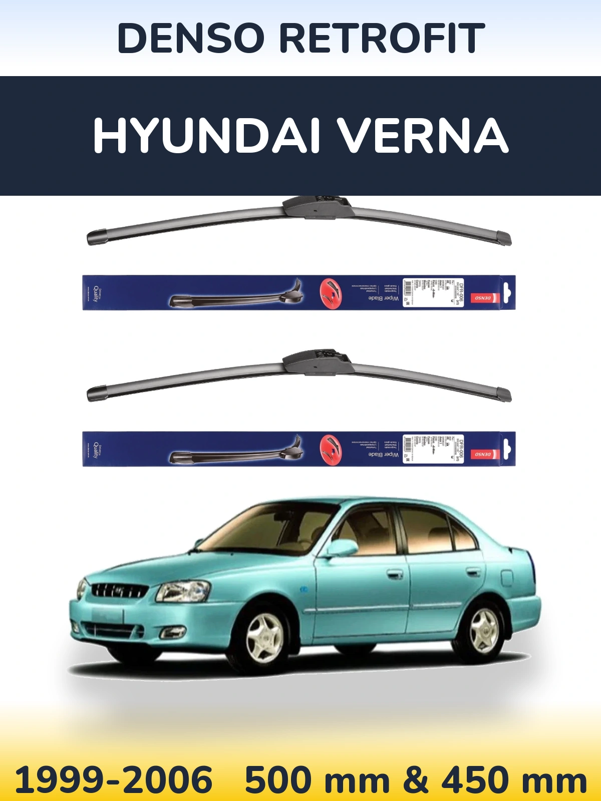 Front wiper blade set Denso Retrofit 500 & 450 mm for Hyundai Verna 1999-2006