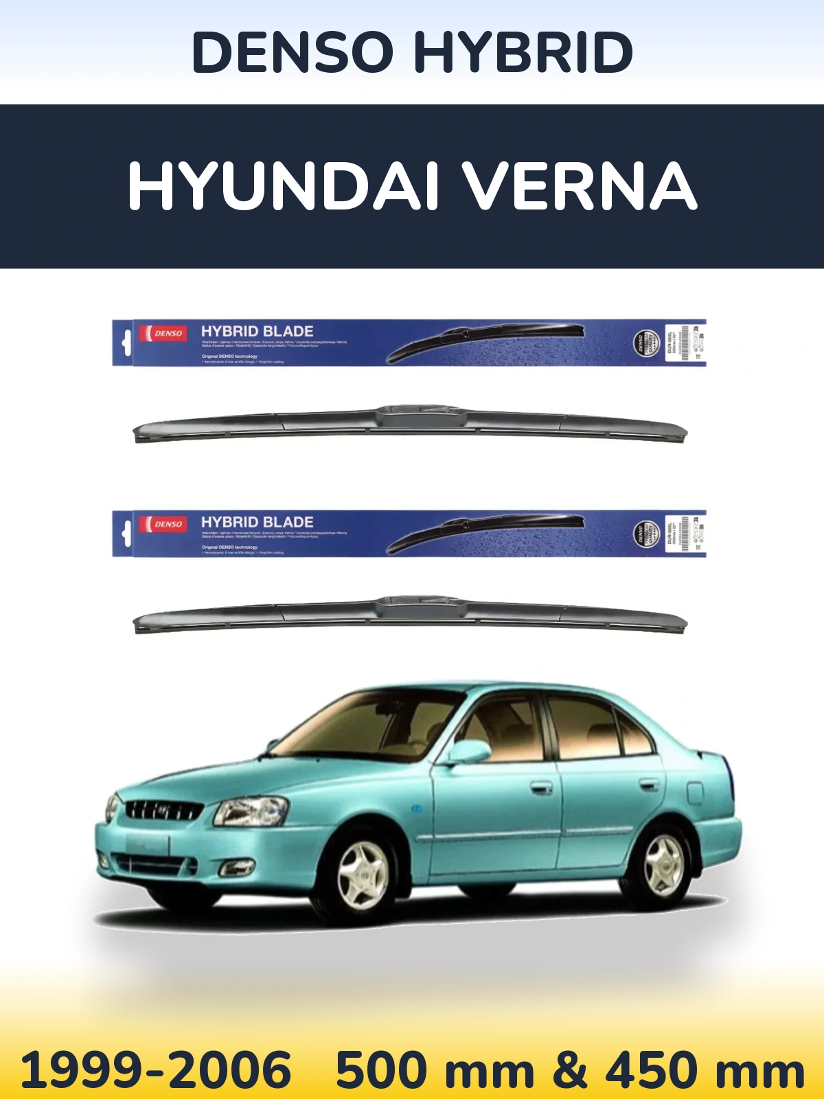 Front wiper blade set Denso Hybrid 500 & 450 mm for Hyundai Verna 1999-2006