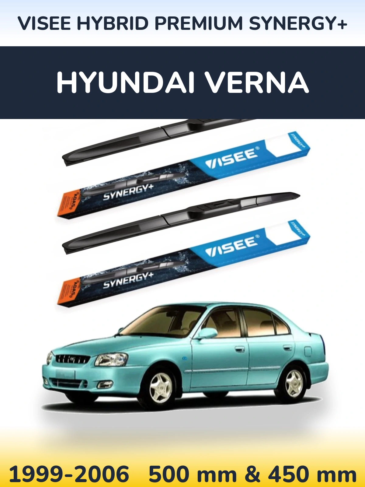Front wiper blade set VISEE HYBRID PREMIUM SYNERGY+ 500 & 450 mm for Hyundai Verna 1999-2006