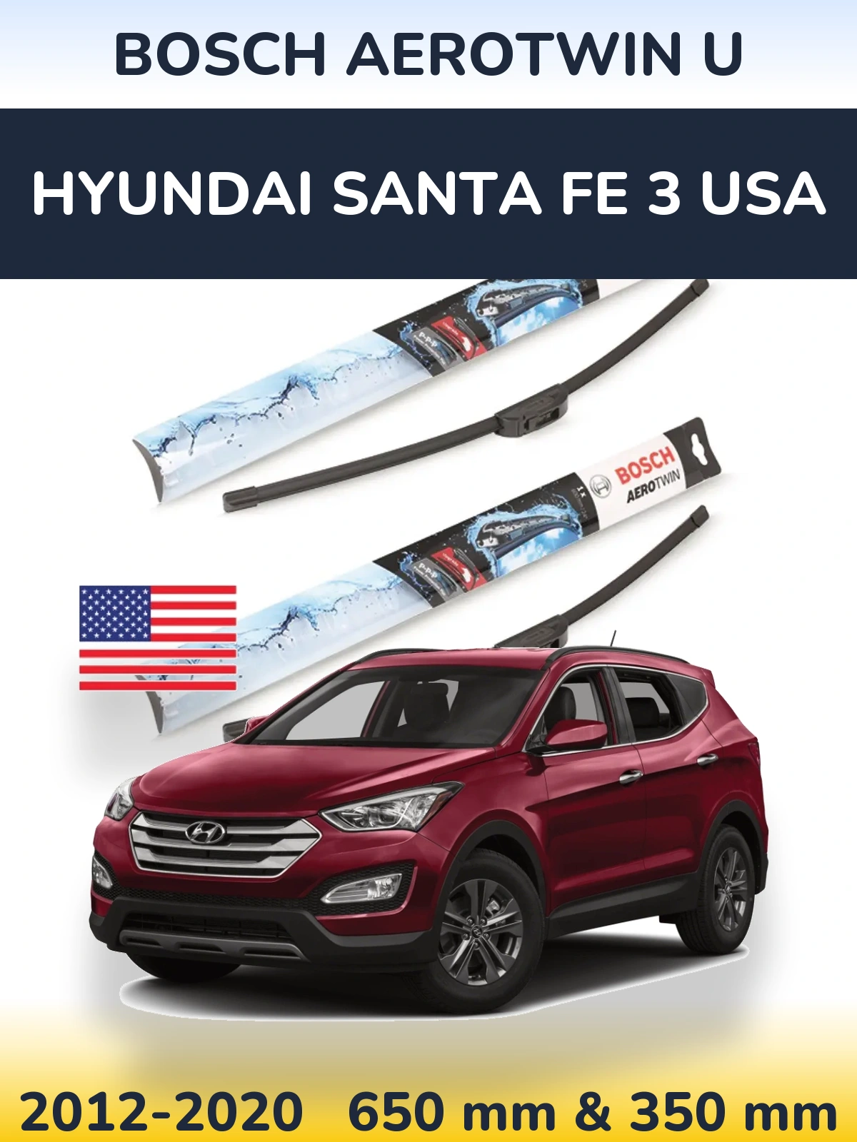 Komplet przednich wycieraczek BOSCH AeroTwin U 650 & 350 mm do Hyundai Santa Fe 3 USA 2012-2020