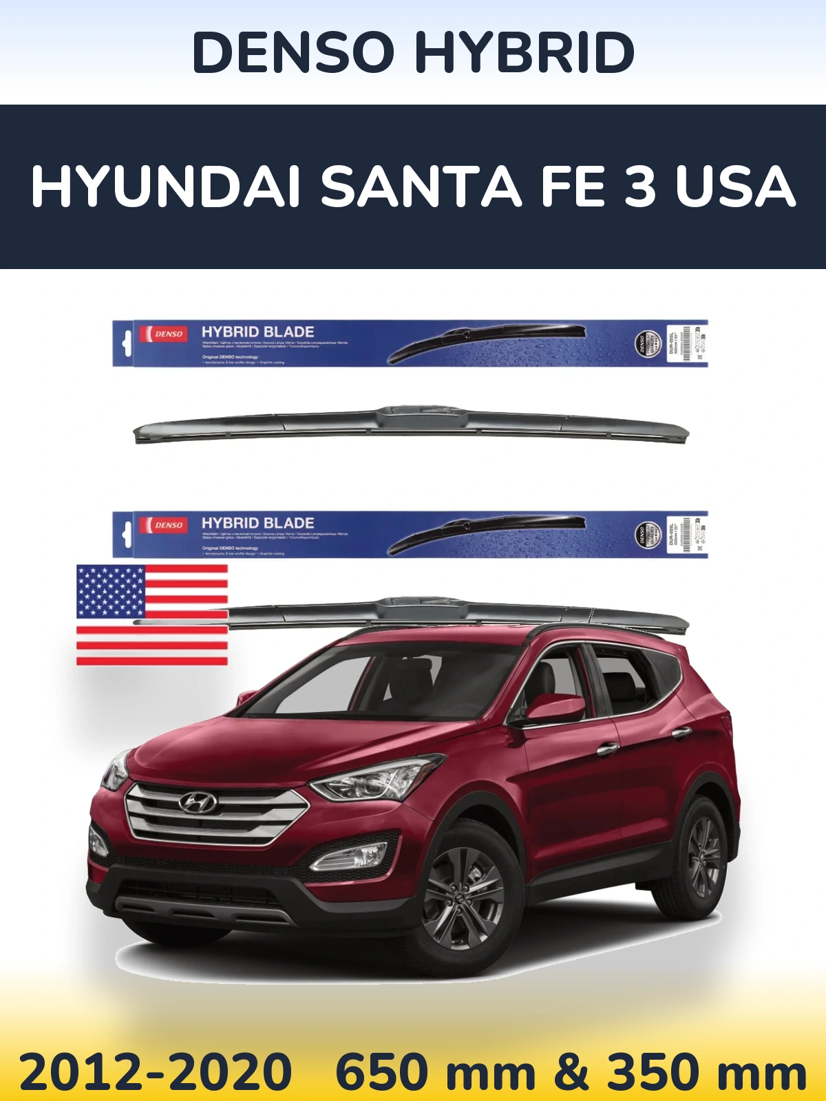Komplet przednich wycieraczek Denso Hybrid 650 & 350 mm do Hyundai Santa Fe 3 USA 2012-2020
