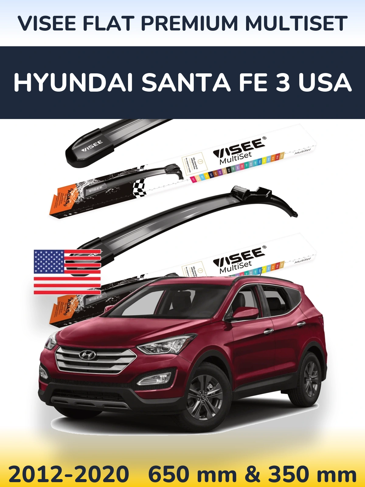 Front wiper blade set VISEE FLAT PREMIUM MultiSet 650 & 350 mm for Hyundai Santa Fe 3 USA 2012-2020
