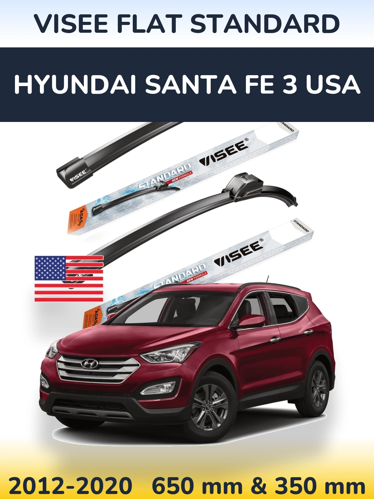 Komplet przednich wycieraczek VISEE FLAT STANDARD 650 & 350 mm do Hyundai Santa Fe 3 USA 2012-2020