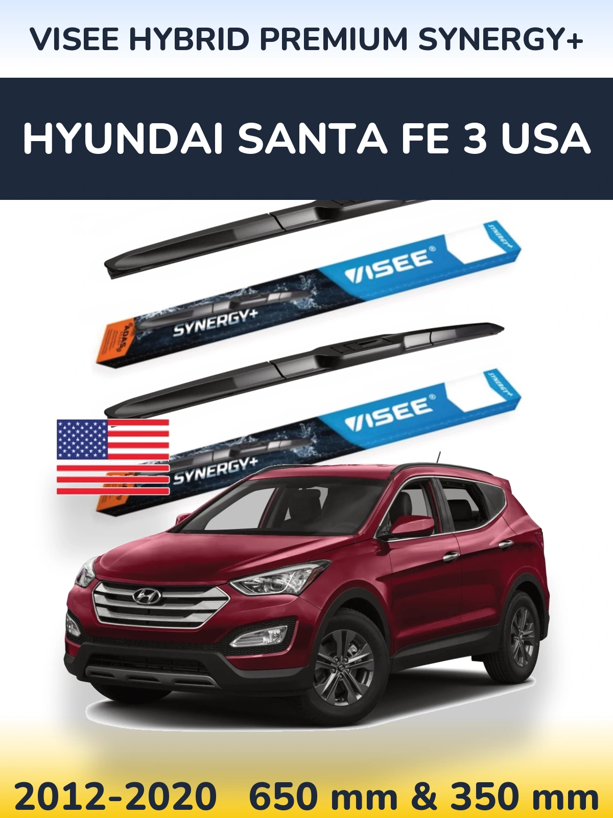 Front wiper blade set VISEE HYBRID PREMIUM SYNERGY+ 650 & 350 mm for Hyundai Santa Fe 3 USA 2012-2020