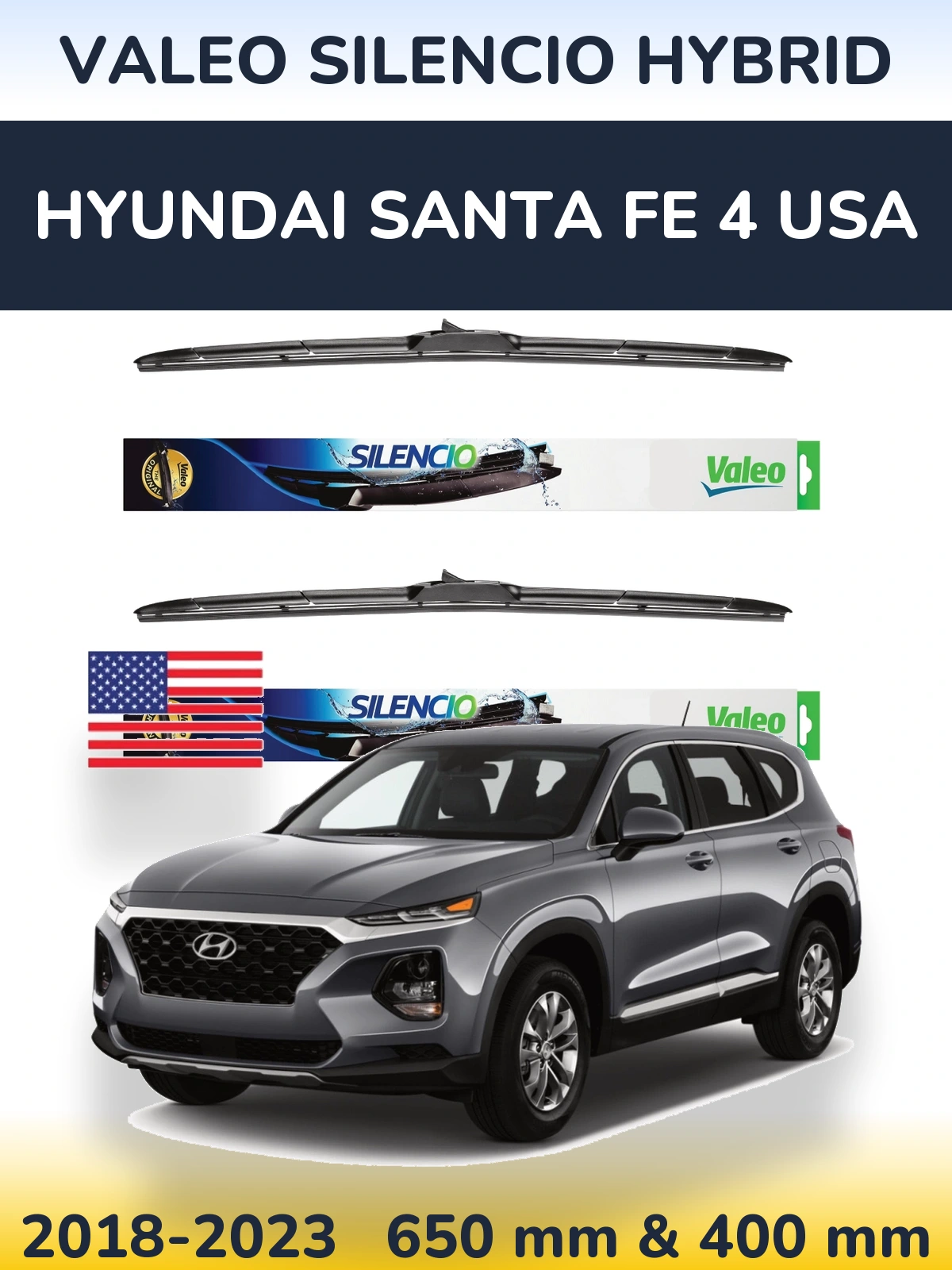 Комплект передніх щіток Valeo Silencio Hybrid 650 & 400 мм для Hyundai Santa Fe 4 USA 2018-2023