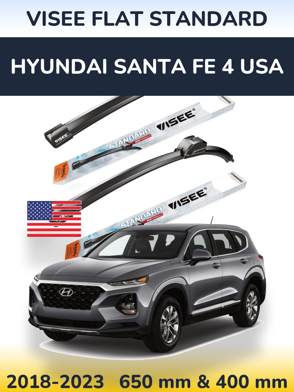 Комплект передніх щіток VISEE FLAT STANDARD 650 & 400 мм для Hyundai Santa Fe 4 USA 2018-2023