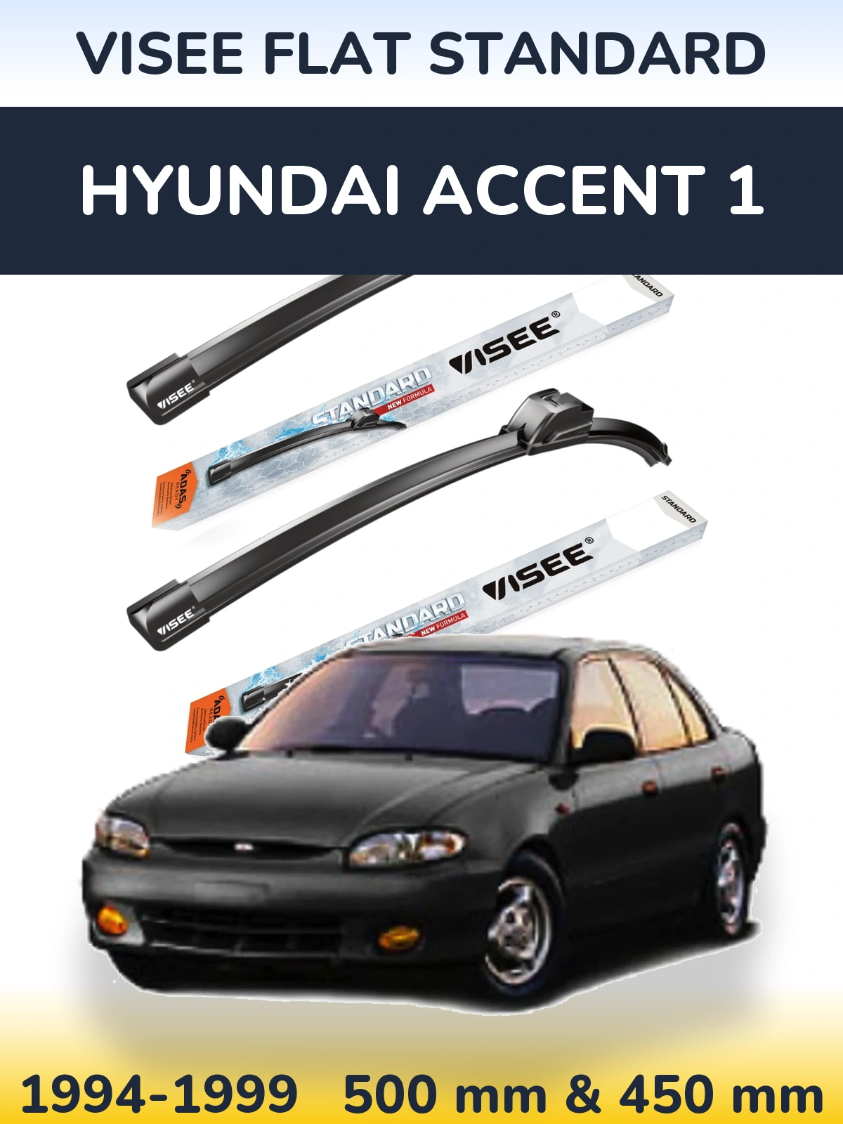 Комплект передніх щіток VISEE FLAT STANDARD 500 & 450 мм для Hyundai Accent 1 1994-1999