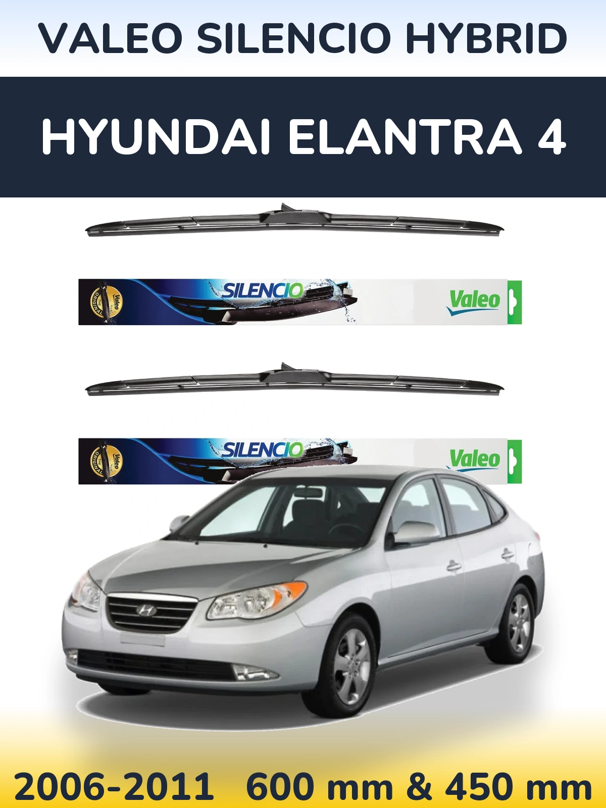 Front wiper blade set Valeo Silencio Hybrid 600 & 450 mm for Hyundai Elantra 4 2006-2011