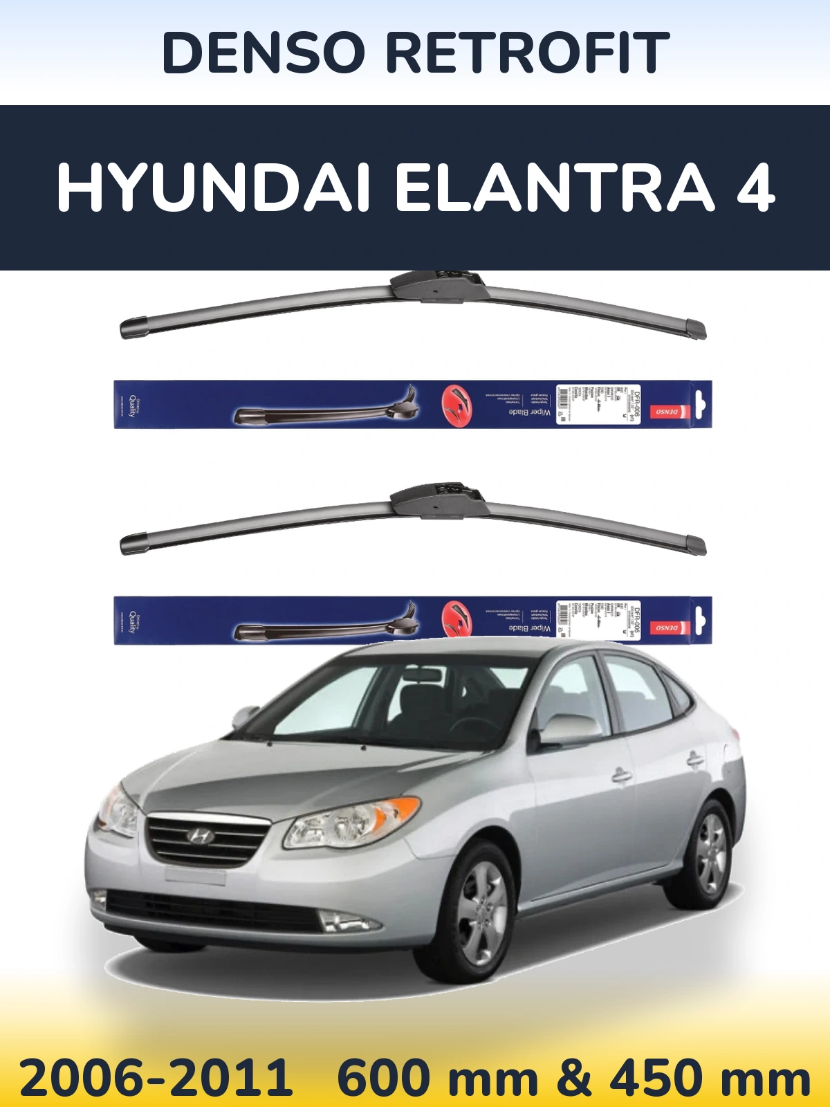 Front wiper blade set Denso Retrofit 600 & 450 mm for Hyundai Elantra 4 2006-2011