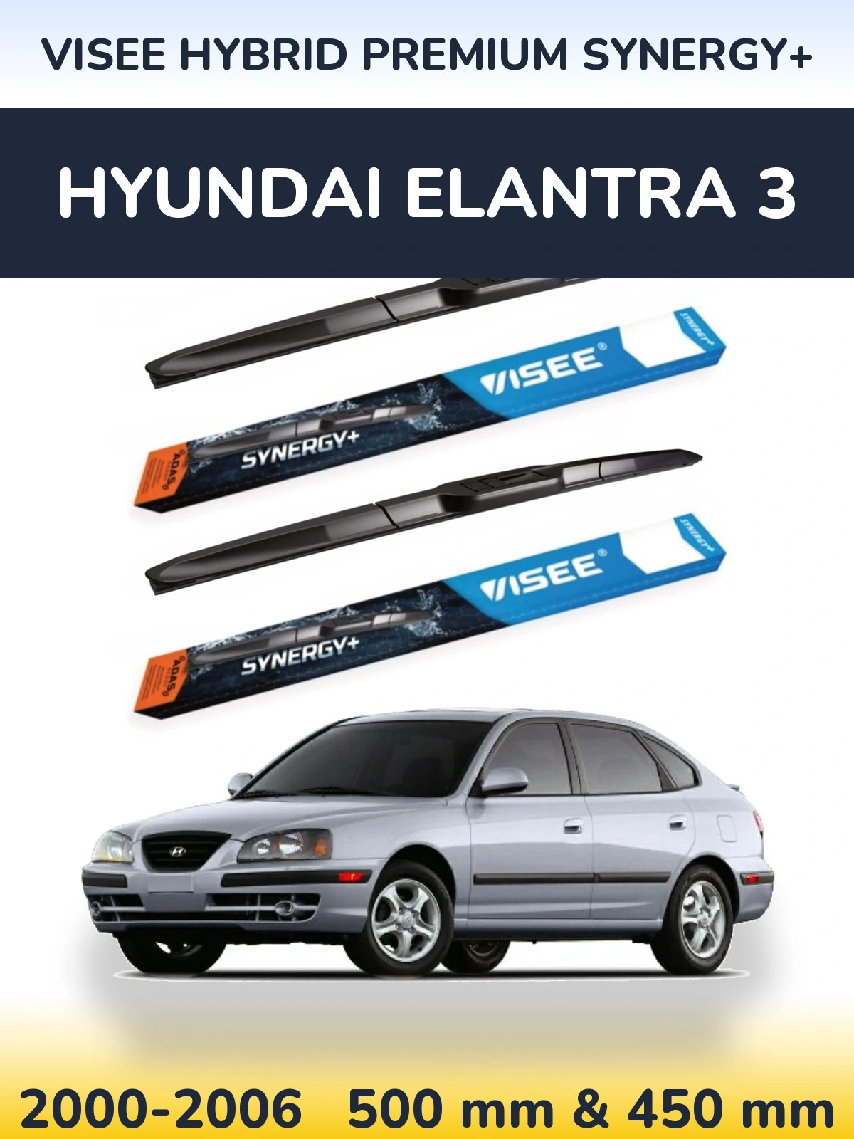 Front wiper blade set VISEE HYBRID PREMIUM SYNERGY+ 500 & 450 mm for Hyundai Elantra 3 2000-2006