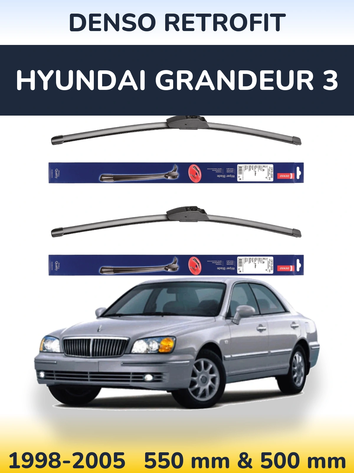 Front wiper blade set Denso Retrofit 550 & 500 mm for Hyundai Grandeur 3 1998-2005