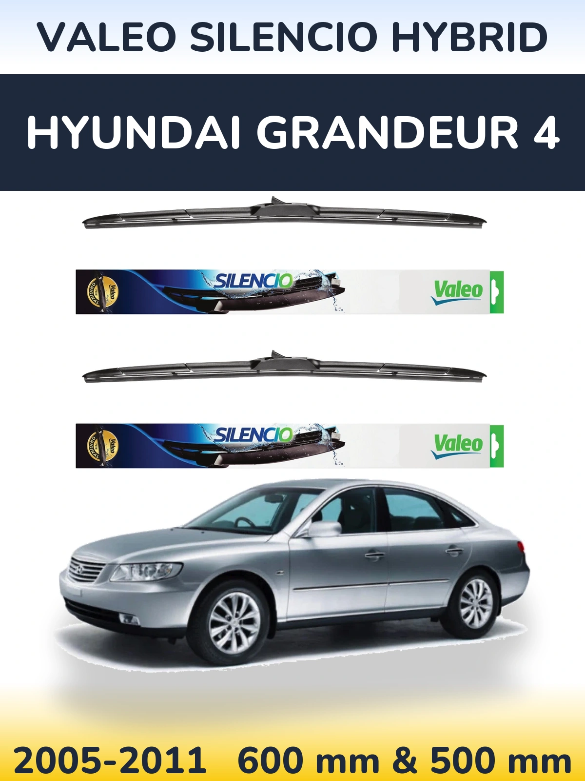 Komplet przednich wycieraczek Valeo Silencio Hybrid 600 & 500 mm do Hyundai Grandeur 4 2005-2011