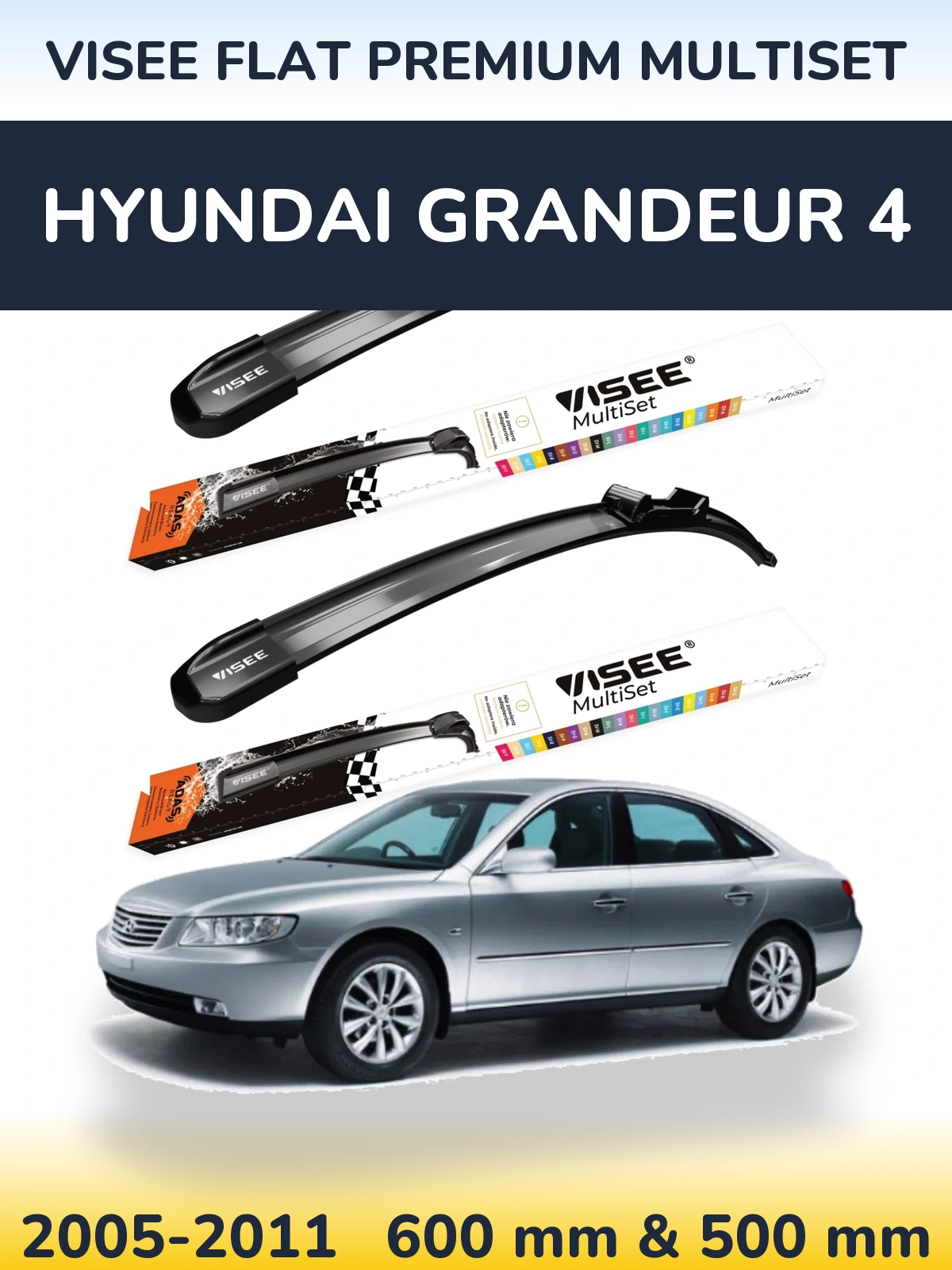 Комплект передних дворников VISEE FLAT PREMIUM MultiSet 600 & 500 мм для Hyundai Grandeur 4 2005-2011