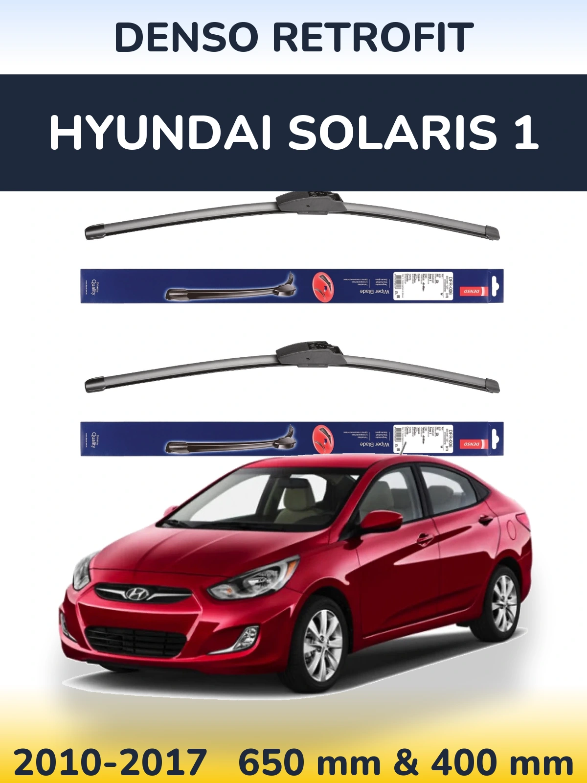 Front wiper blade set Denso Retrofit 650 & 400 mm for Hyundai Solaris 1 2010-2017
