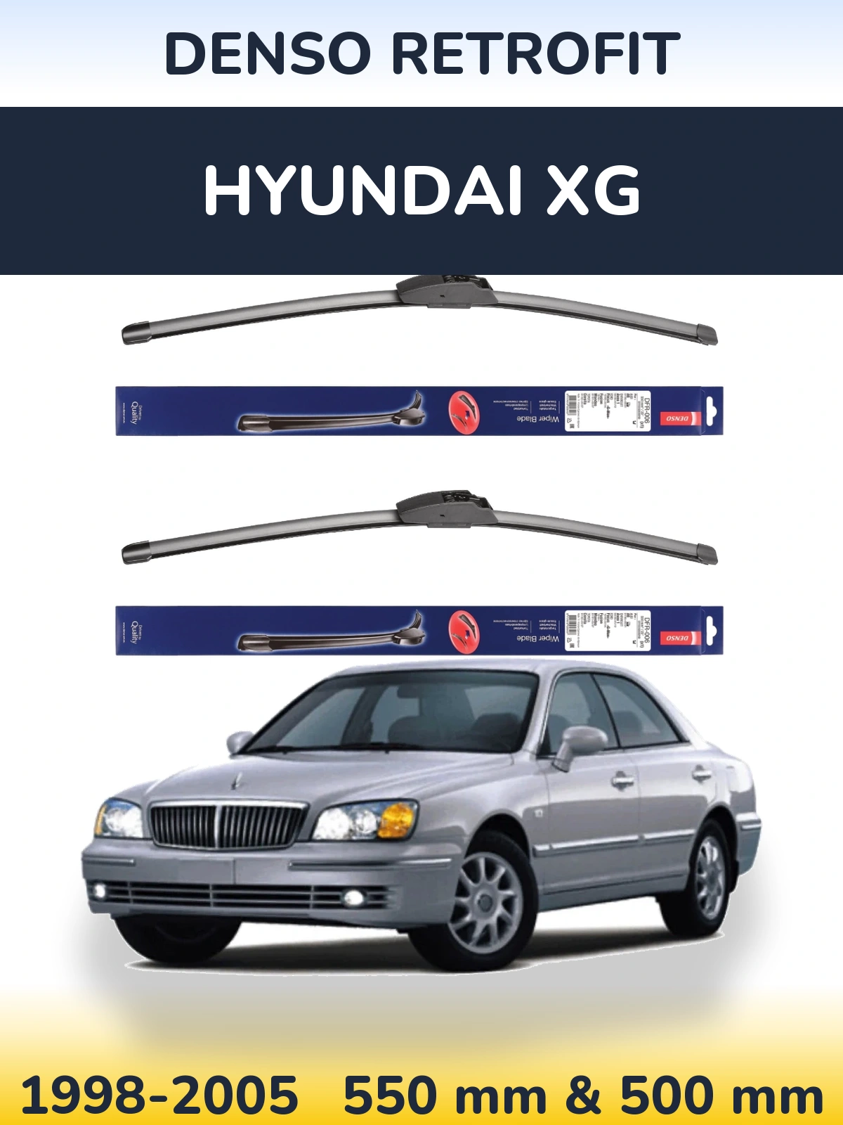 Front wiper blade set Denso Retrofit 550 & 500 mm for Hyundai XG 1998-2005
