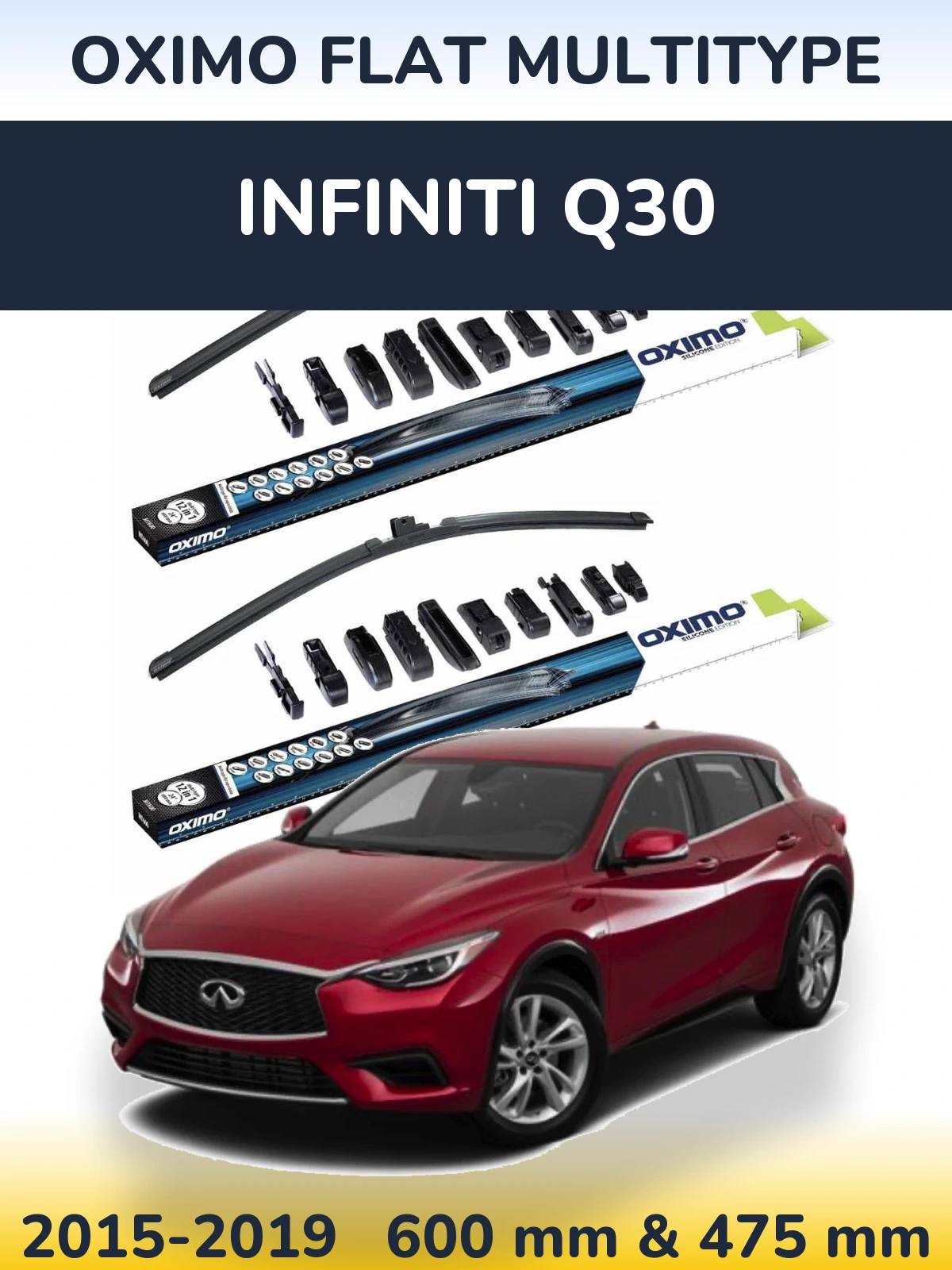 Front wiper blade set Oximo Flat MultiTypee 600 & 475 mm for Infiniti Q30 2015-2019