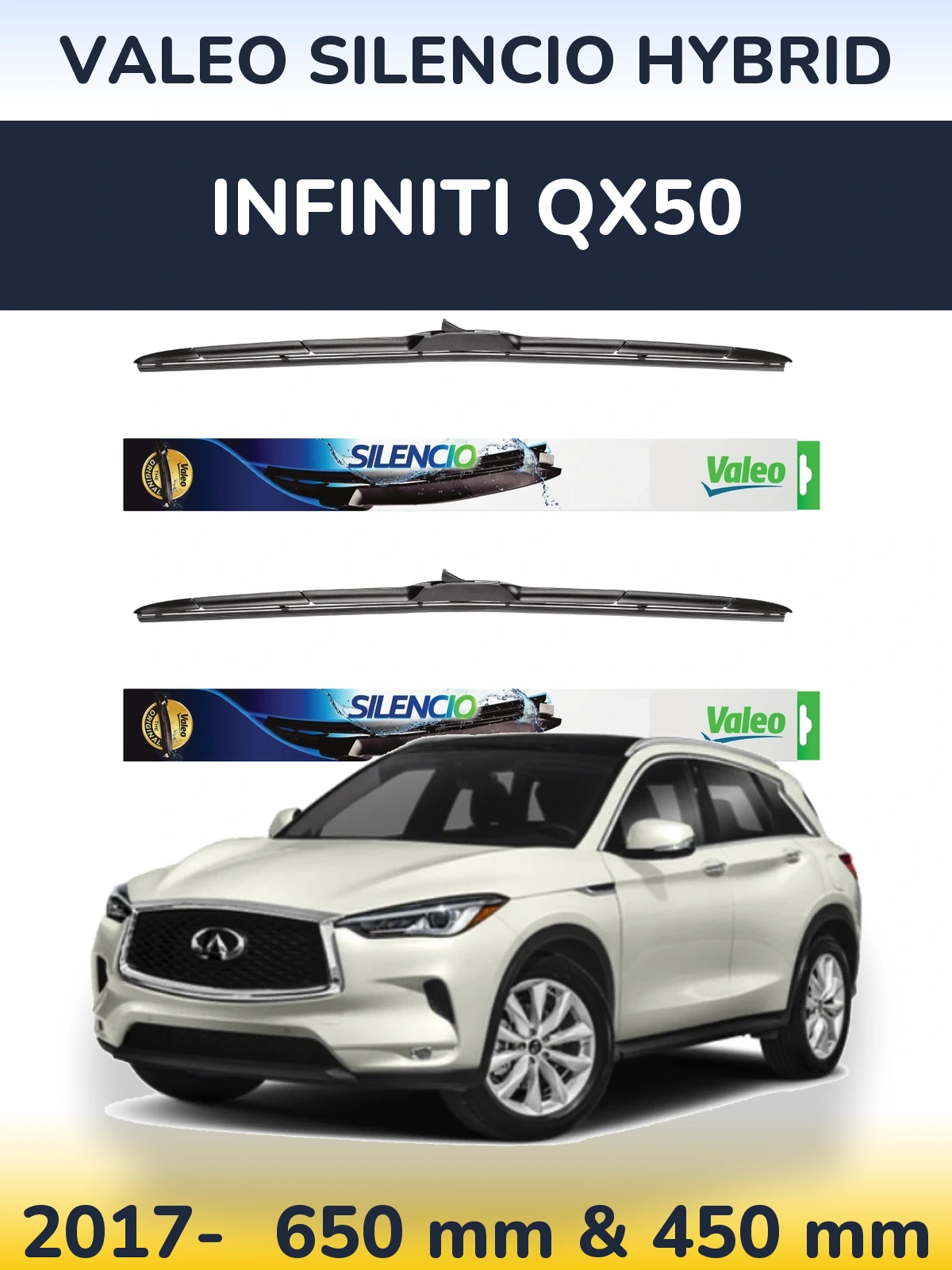 Комплект передніх щіток Valeo Silencio Hybrid 650 & 450 мм для Infiniti QX50 2017-2026