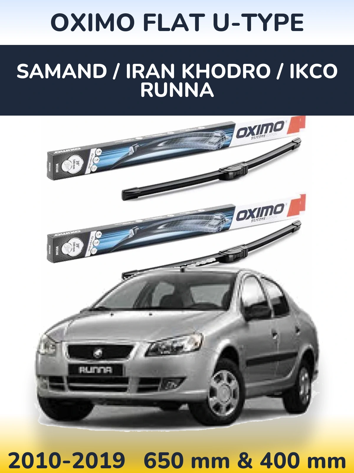 Komplet przednich wycieraczek Oximo Flat U-type 650 & 400 mm do Samand / Iran Khodro / IKCO Runna 2010-2019