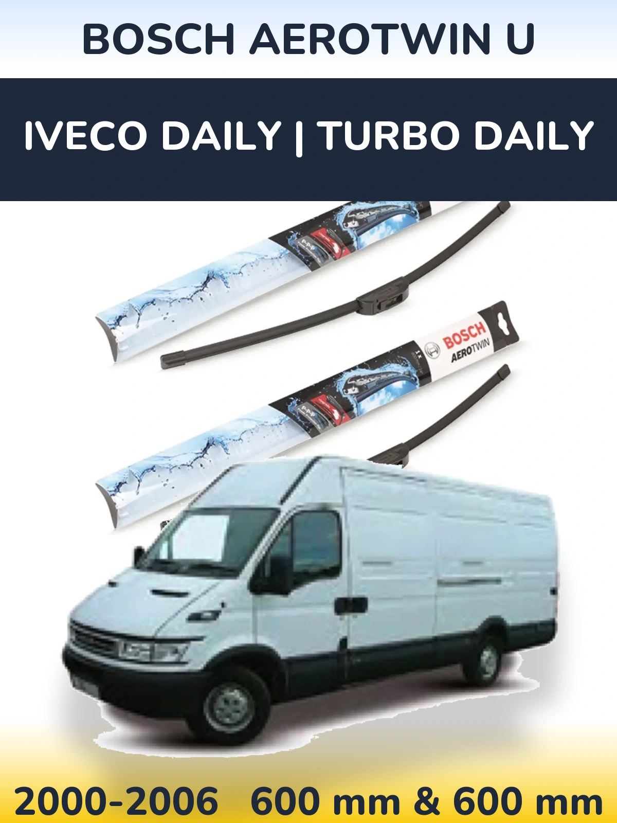 Front wiper blade set BOSCH AeroTwin U 600 & 600 mm for Iveco Daily | Turbo Daily 2000-2006