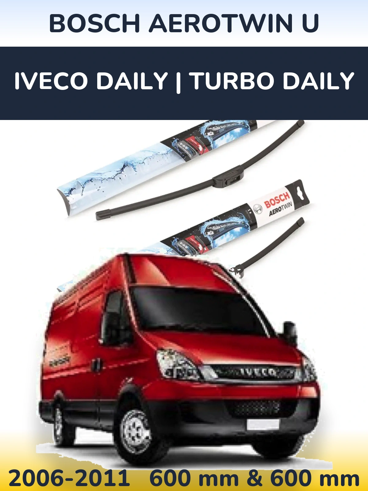 Front wiper blade set BOSCH AeroTwin U 600 & 600 mm for Iveco Daily | Turbo Daily 2006-2011