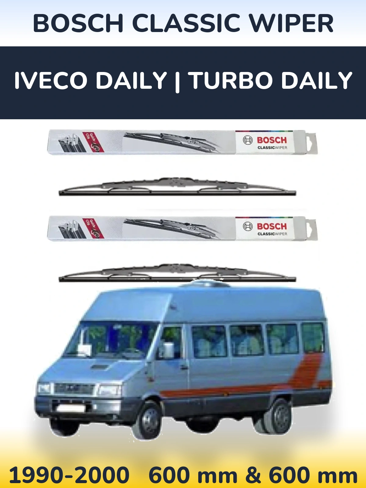 Front wiper blade set BOSCH Classic Wiper 600 & 600 mm for Iveco Daily | Turbo Daily 1990-2000