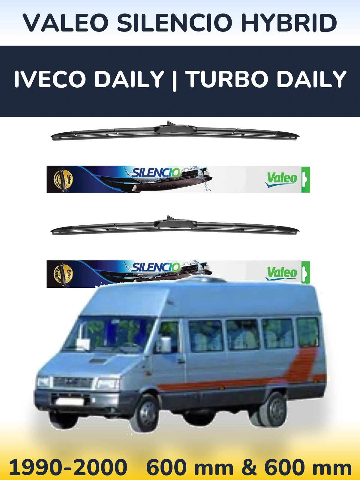 Front wiper blade set Valeo Silencio Hybrid 600 & 600 mm for Iveco Daily | Turbo Daily 1990-2000