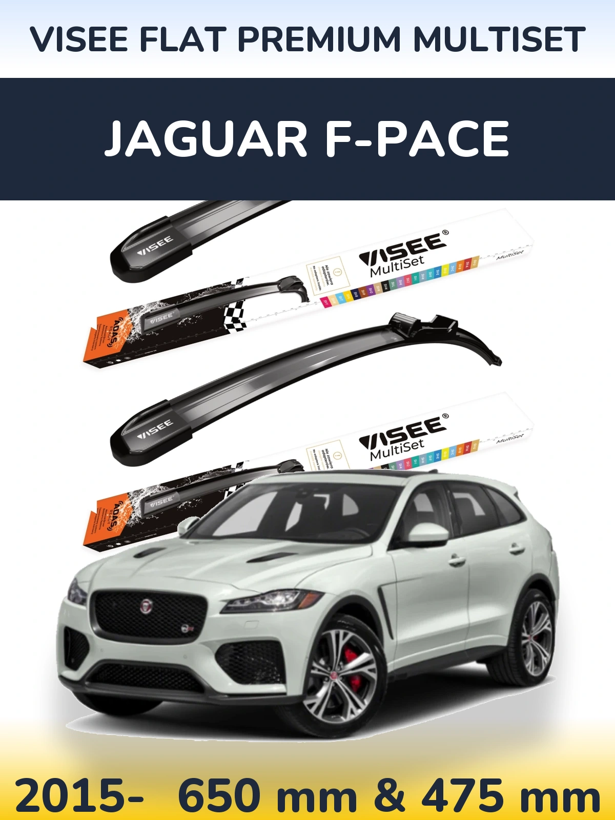 Komplet przednich wycieraczek VISEE FLAT PREMIUM MultiSet 650 & 475 mm do Jaguar F-Pace 2015-2026