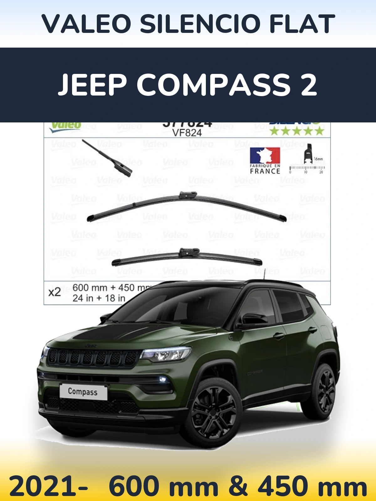 Комплект передних дворников Valeo Silencio Flat 600 & 450 мм для Jeep Compass 2 2021-2026