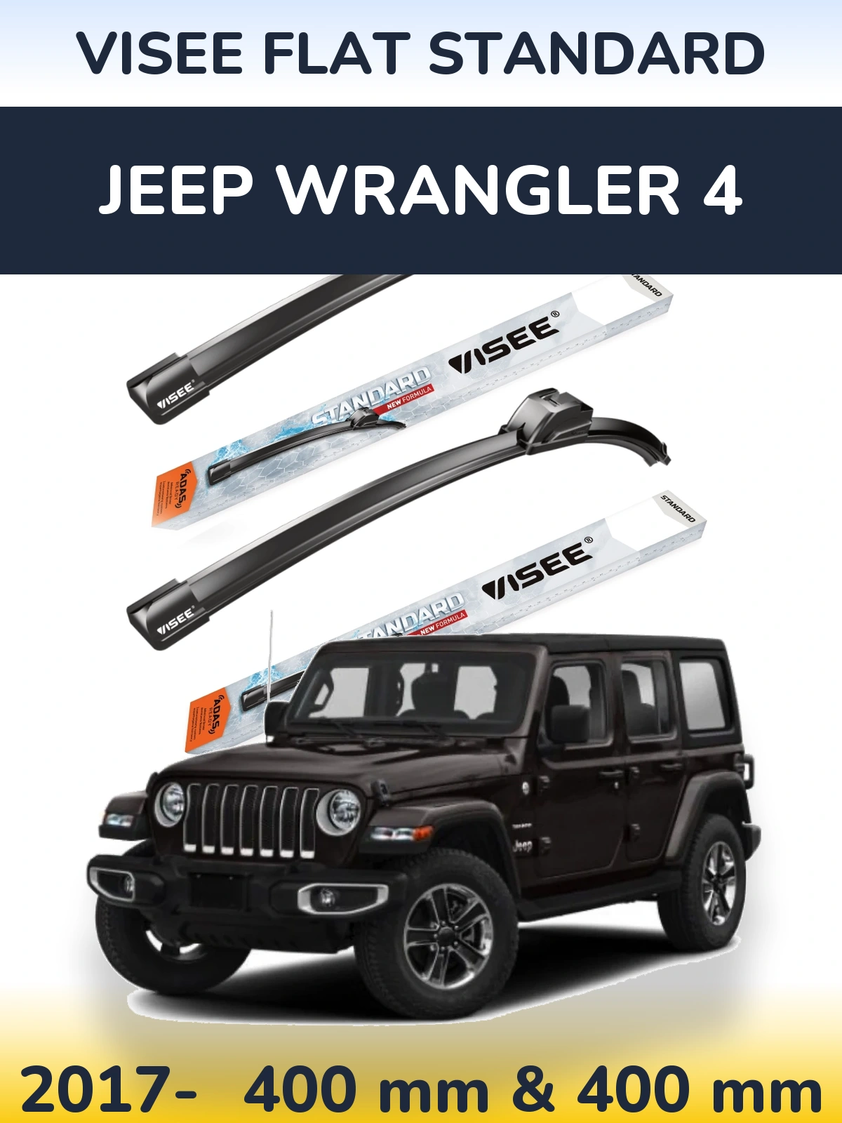 Front wiper blade set VISEE FLAT STANDARD 400 & 400 mm for Jeep Wrangler 4 2017-2026