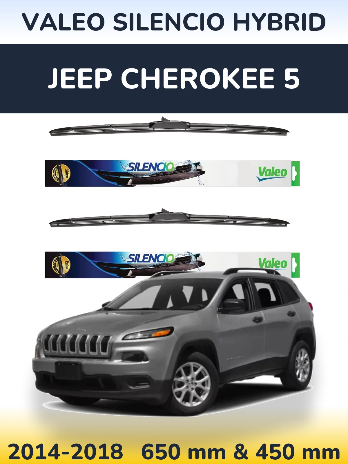 Front wiper blade set Valeo Silencio Hybrid 650 & 450 mm for Jeep Cherokee 5 2014-2018