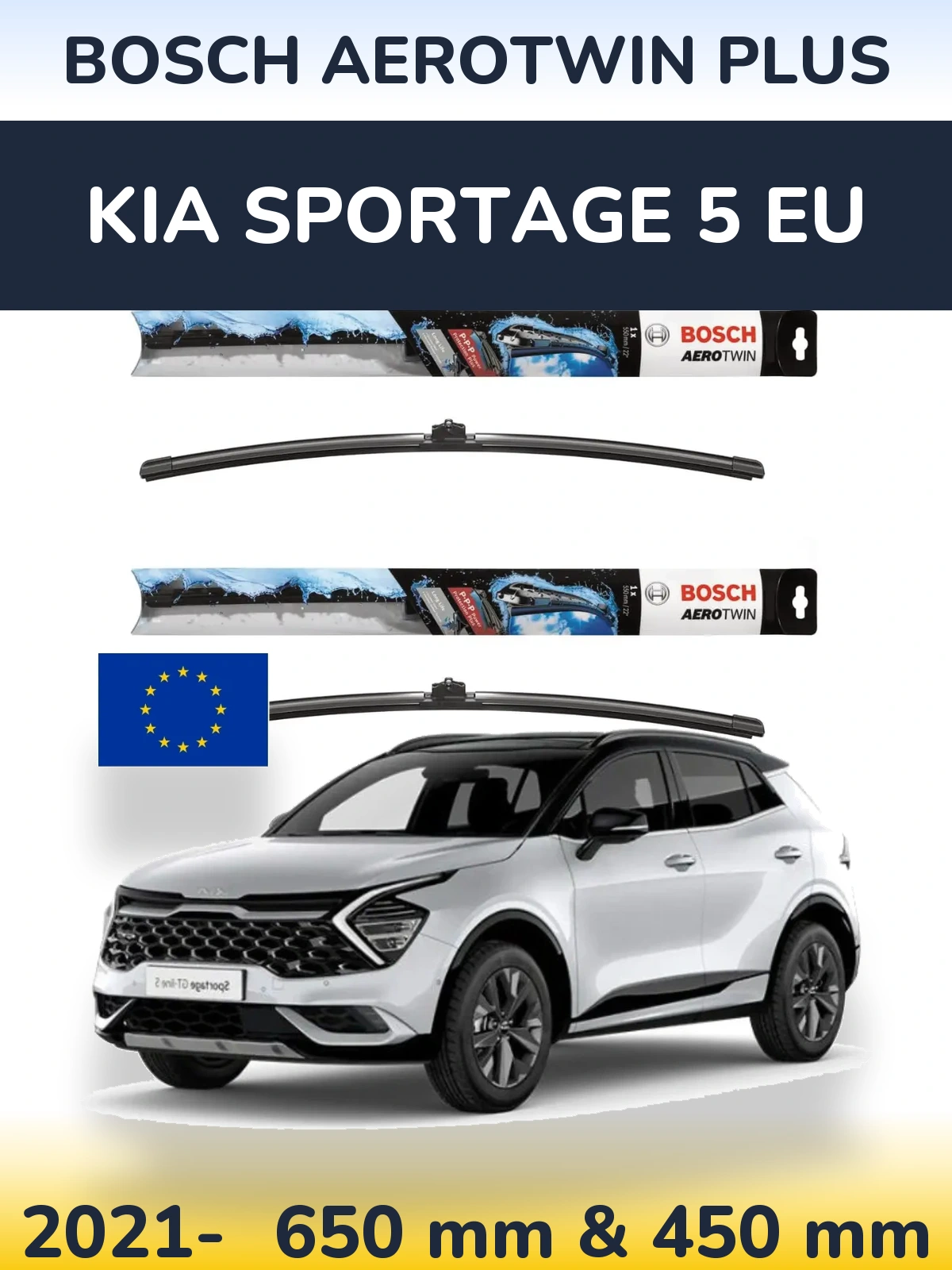 Front wiper blade set BOSCH AeroTwin Plus 650 & 450 mm for KIA Sportage 5 EU 2021-2026