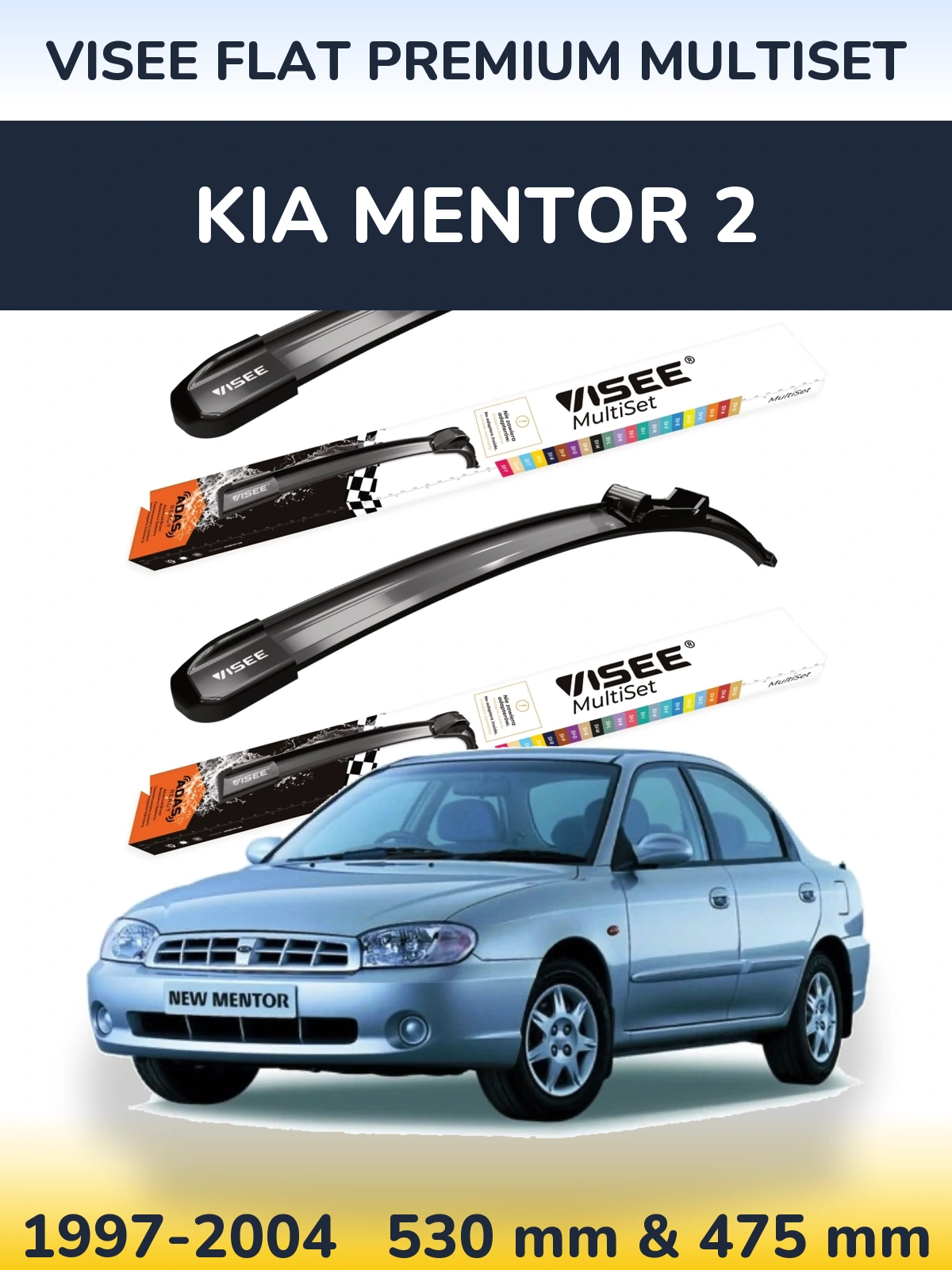 Front wiper blade set VISEE FLAT PREMIUM MultiSet 530 & 475 mm for KIA Mentor 2 1997-2004