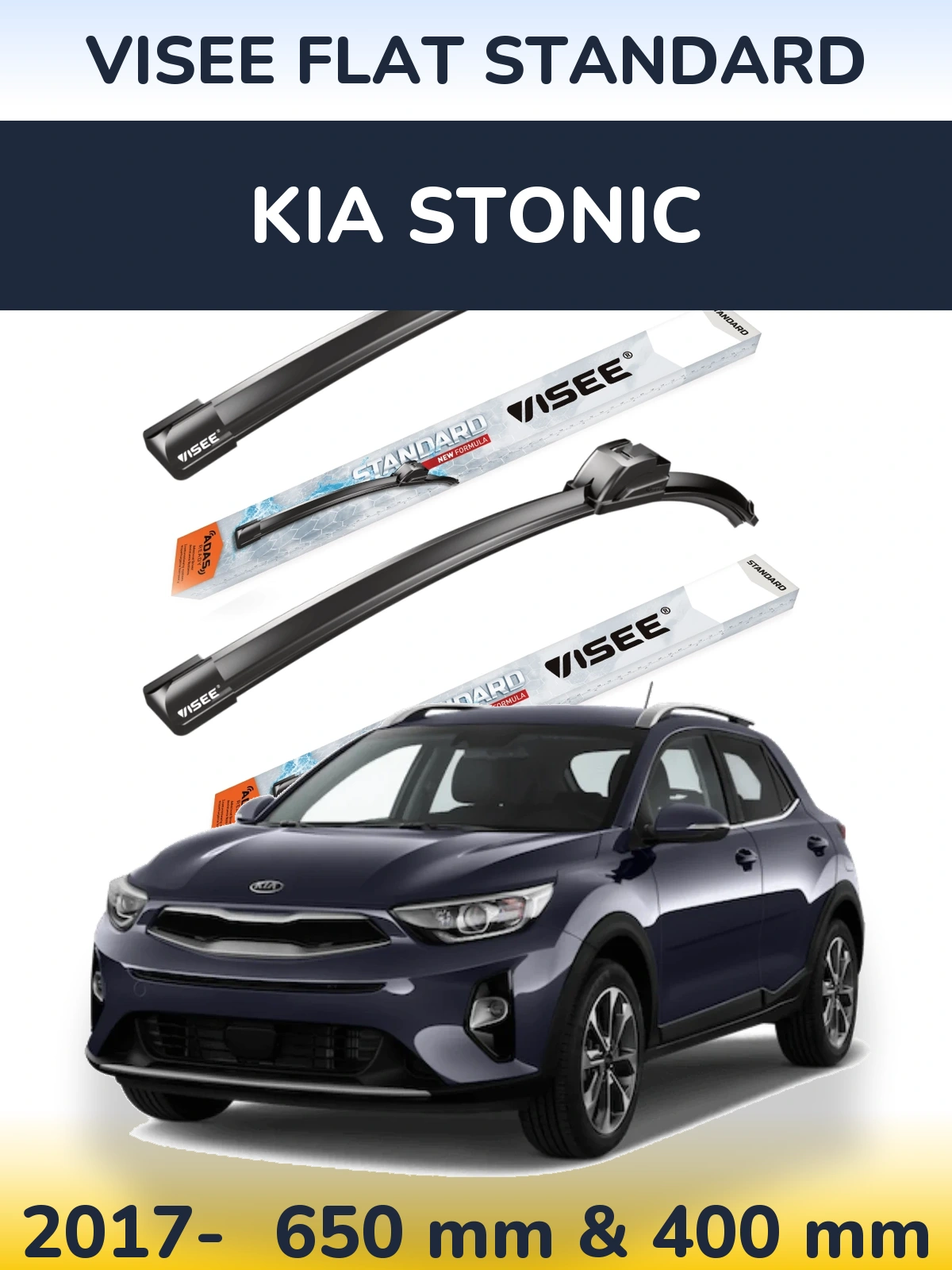 Komplet przednich wycieraczek VISEE FLAT STANDARD 650 & 400 mm do KIA Stonic 2017-2026