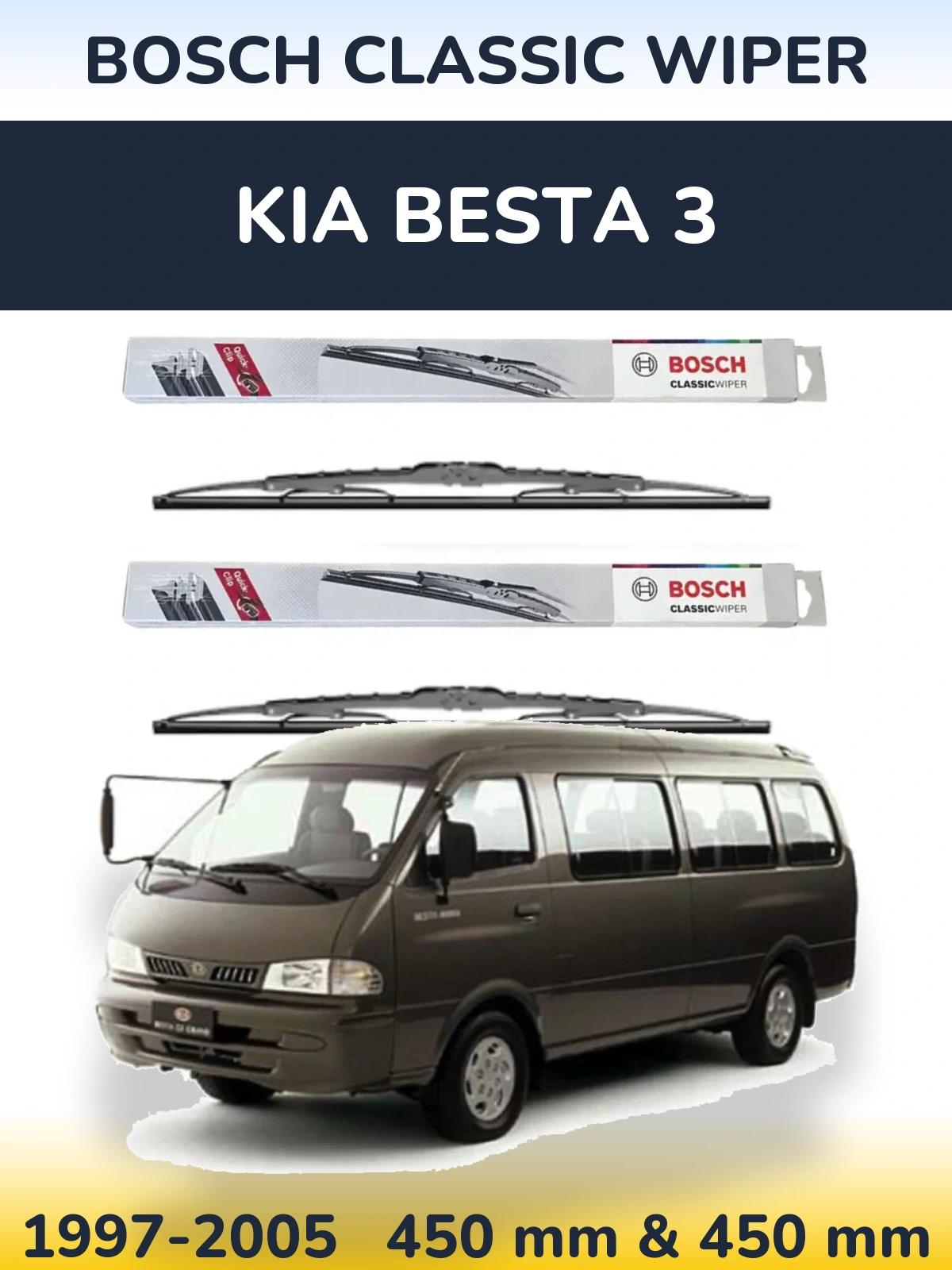 Front wiper blade set BOSCH Classic Wiper 450 & 450 mm for KIA Besta 3 1997-2005