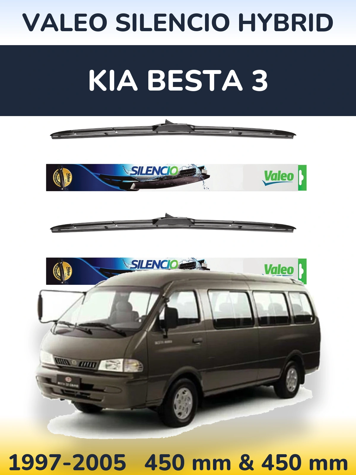 Комплект передних дворников Valeo Silencio Hybrid 450 & 450 мм для KIA Besta 3 1997-2005