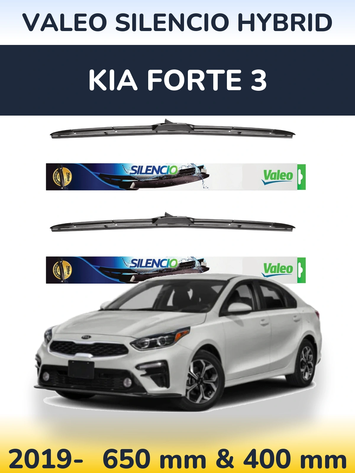 Front wiper blade set Valeo Silencio Hybrid 650 & 400 mm for KIA Forte 3 2019-2026
