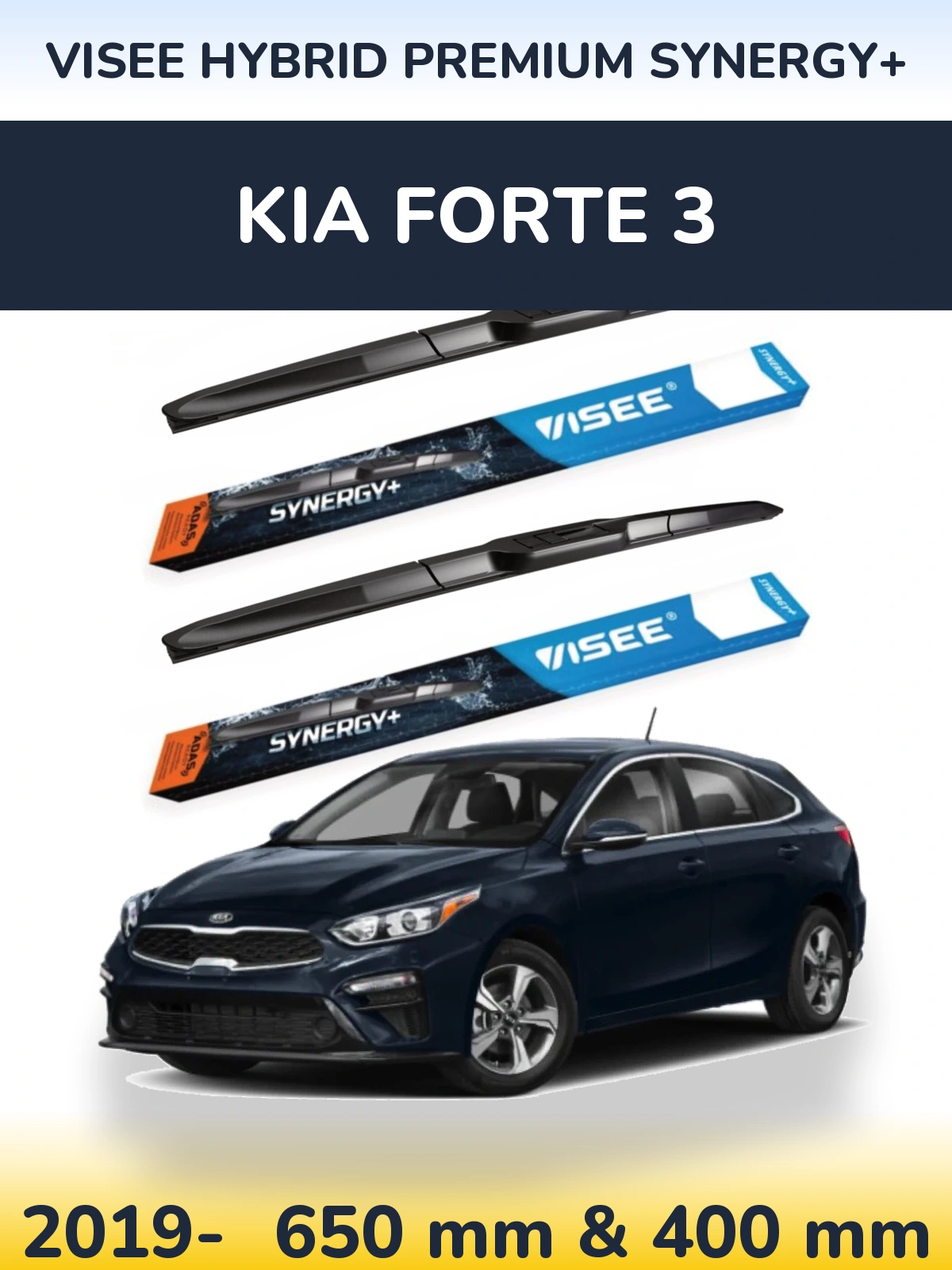 Front wiper blade set VISEE HYBRID PREMIUM SYNERGY+ 650 & 400 mm for KIA Forte 3 2019-2026