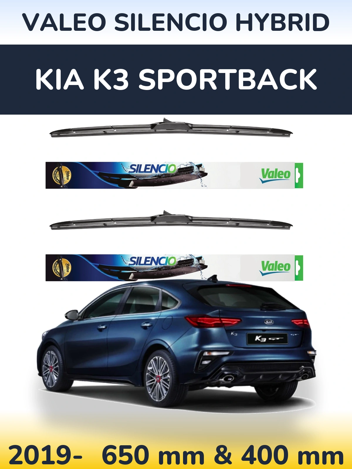 Front wiper blade set Valeo Silencio Hybrid 650 & 400 mm for KIA K3 Sportback 2019-2026
