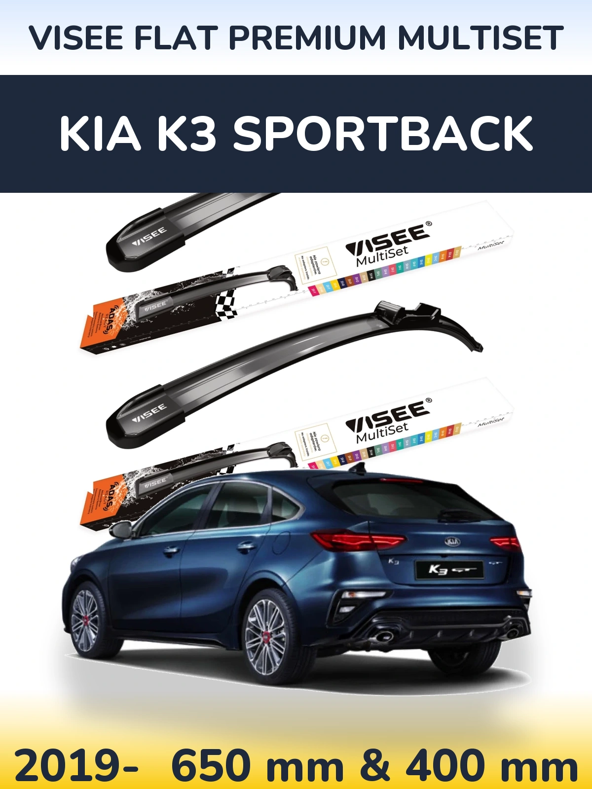 Front wiper blade set VISEE FLAT PREMIUM MultiSet 650 & 400 mm for KIA K3 Sportback 2019-2026