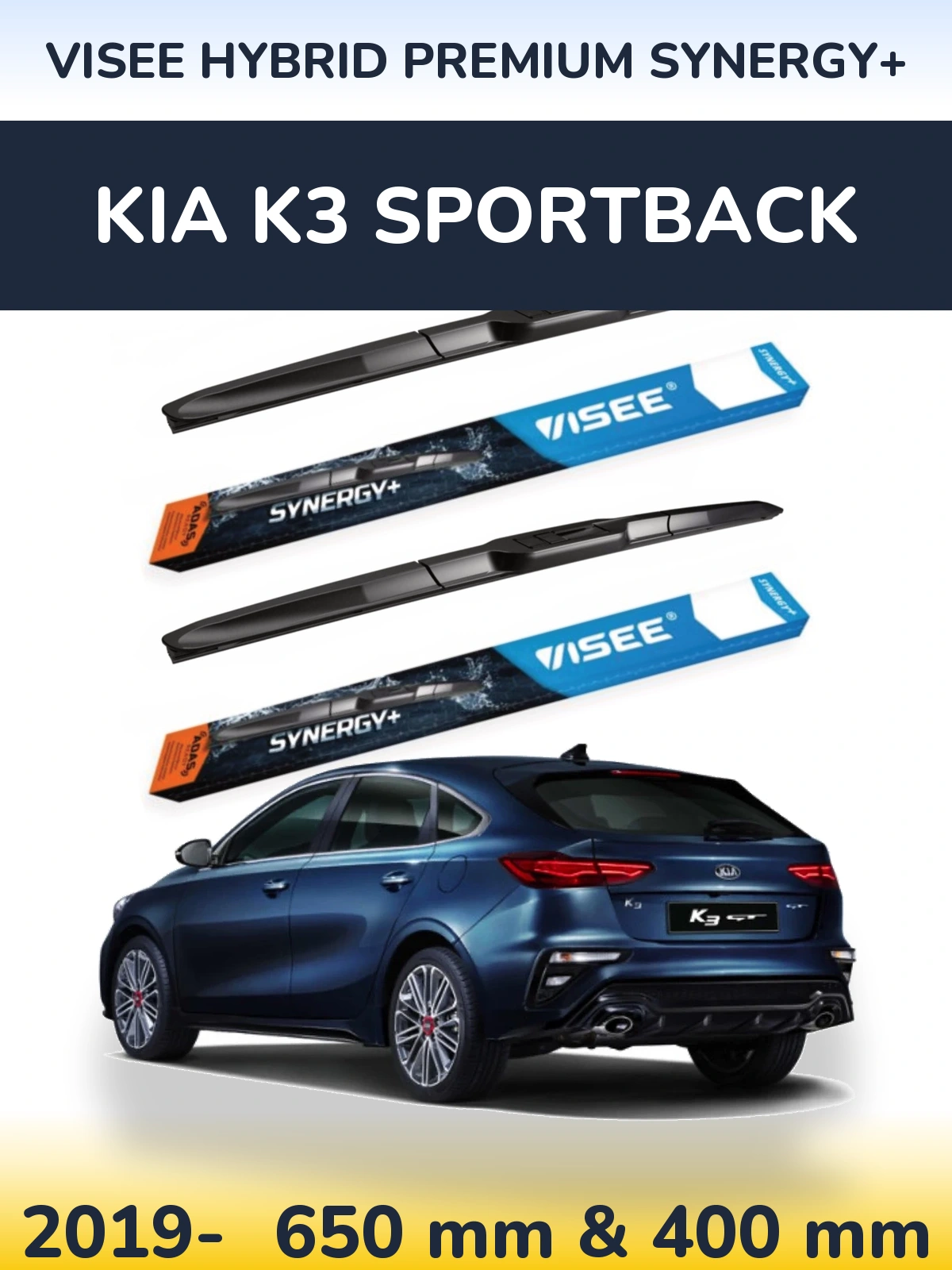 Front wiper blade set VISEE HYBRID PREMIUM SYNERGY+ 650 & 400 mm for KIA K3 Sportback 2019-2026