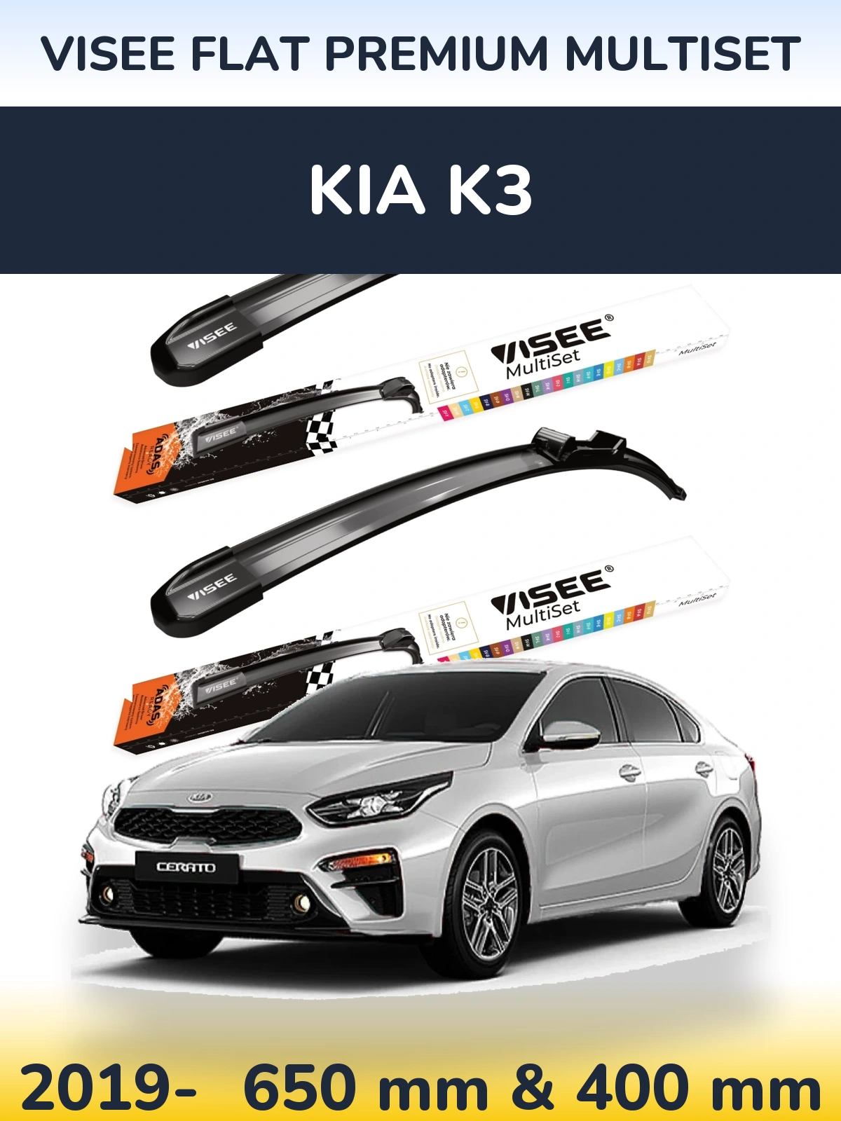 Front wiper blade set VISEE FLAT PREMIUM MultiSet 650 & 400 mm for KIA K3 2019-2026