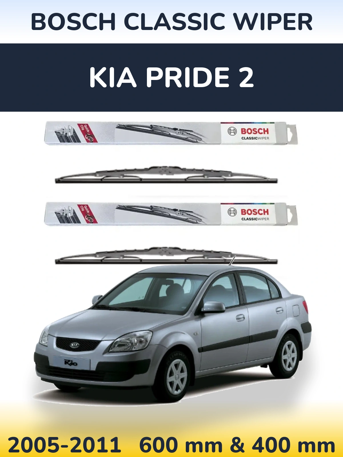 Front wiper blade set BOSCH Classic Wiper 600 & 400 mm for KIA Pride 2 2005-2011