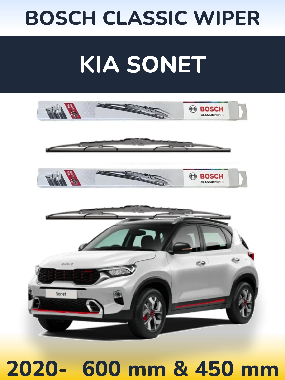 Комплект передних дворников BOSCH Classic Wiper 600 & 450 мм для KIA Sonet 2020-2026