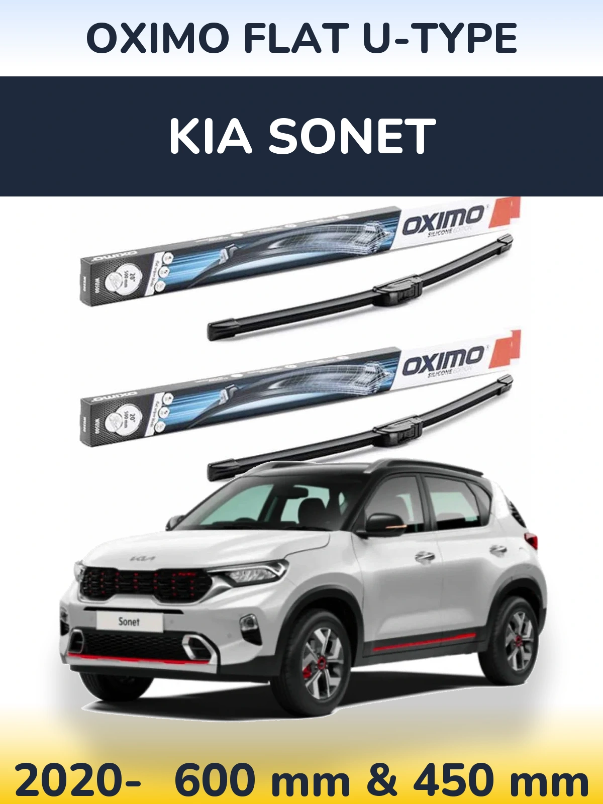 Комплект передних дворников Oximo Flat U-type 600 & 450 мм для KIA Sonet 2020-2026