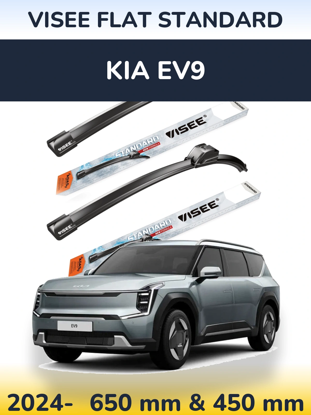 Front wiper blade set VISEE FLAT STANDARD 650 & 450 mm for KIA EV9 2024-2026
