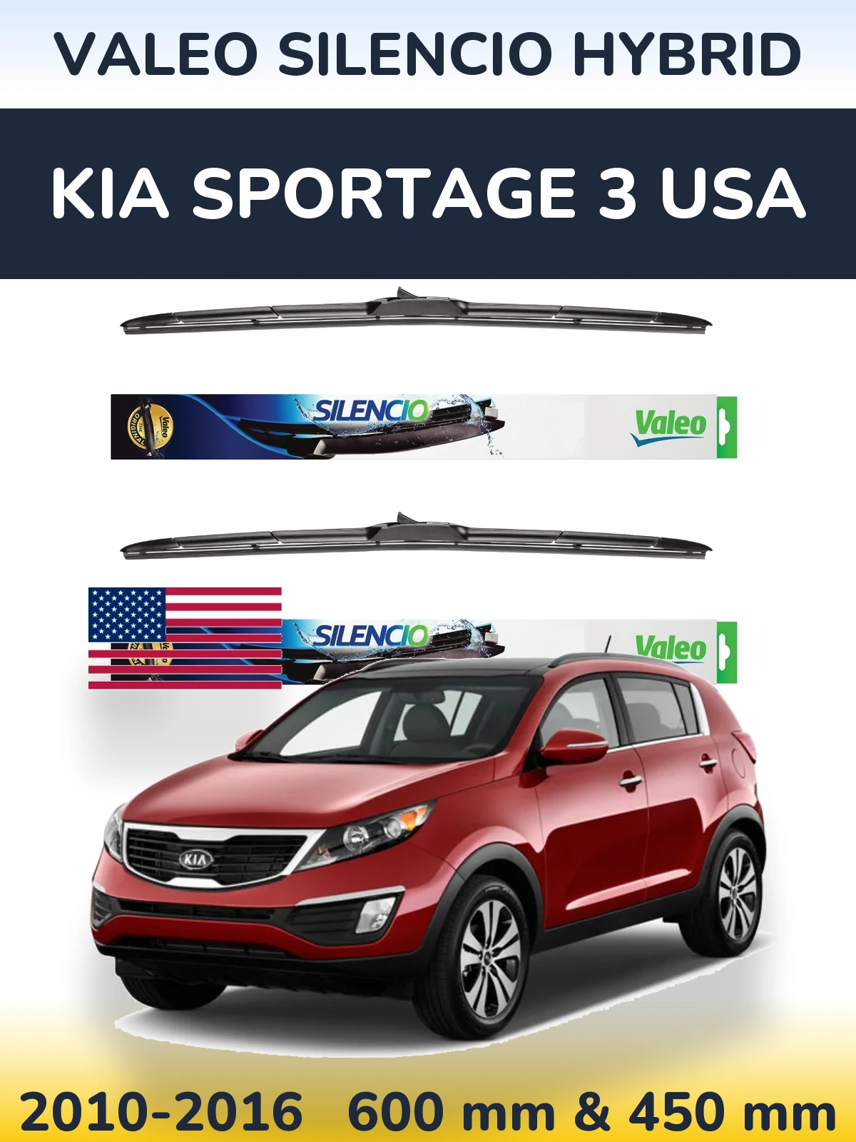 Комплект передніх щіток Valeo Silencio Hybrid 600 & 450 мм для KIA Sportage 3 USA 2010-2016