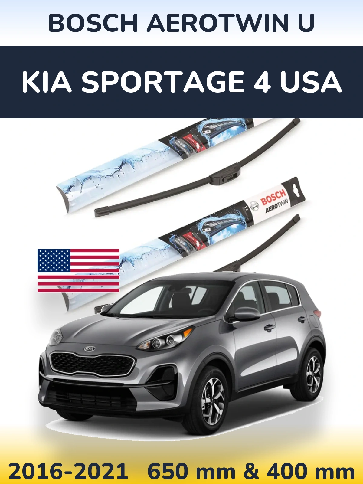 Комплект передніх щіток BOSCH AeroTwin U 650 & 400 мм для KIA Sportage 4 USA 2016-2021