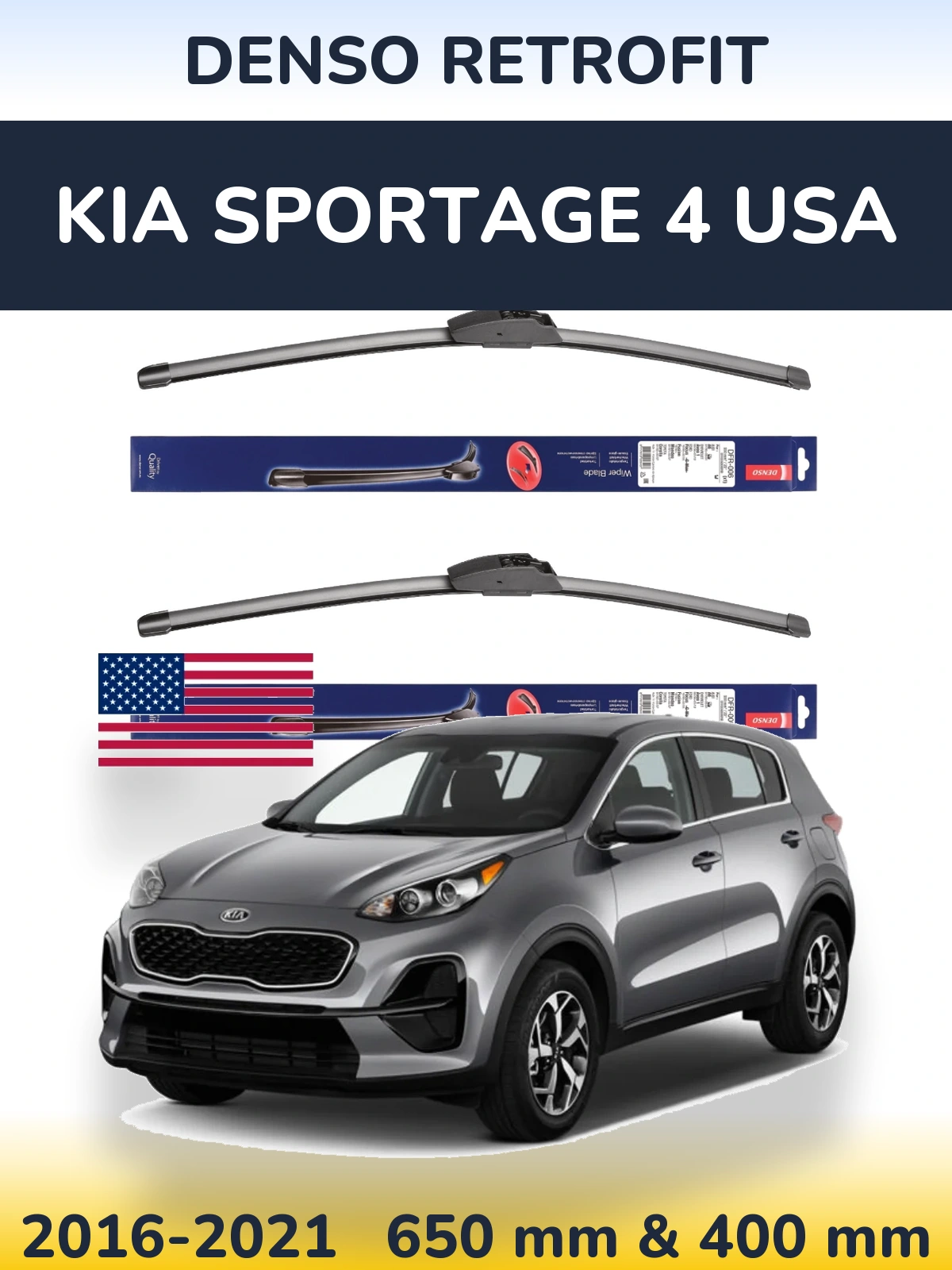 Комплект передних дворников Denso Retrofit 650 & 400 мм для KIA Sportage 4 USA 2016-2021